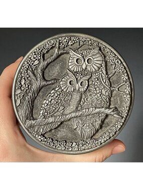 Vintage 1970s Metzke Round Pewter Box Owls in Tree Retro Mid-Century Storage